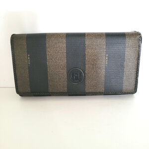 Fendi Vintage Pequin Wallet Canvas Leather Wallet Black Clutch Envelope Large